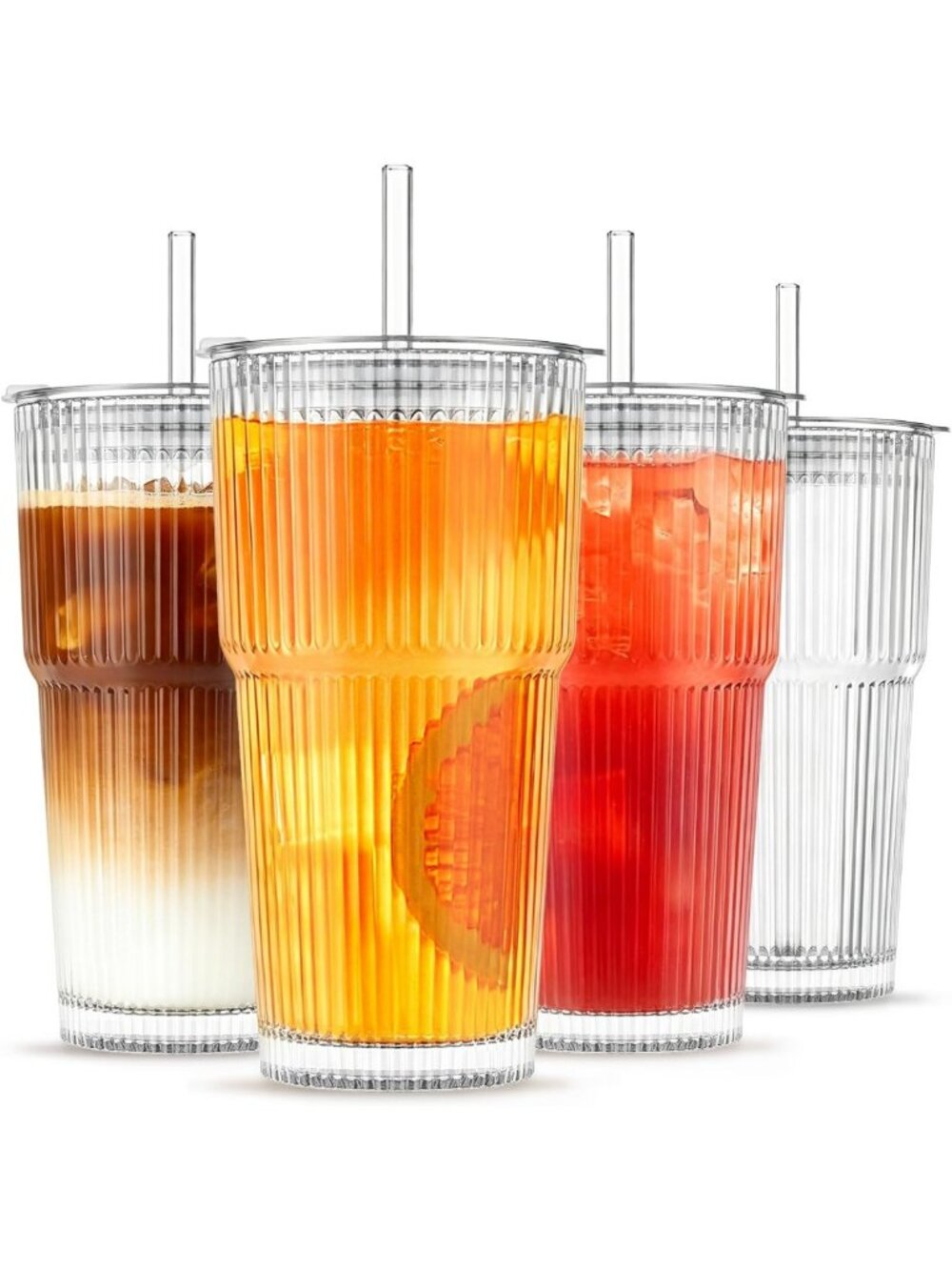 20 oz Ribbed Glass Tumblers Set with Lids & Straws – Perfect for Iced Coffee